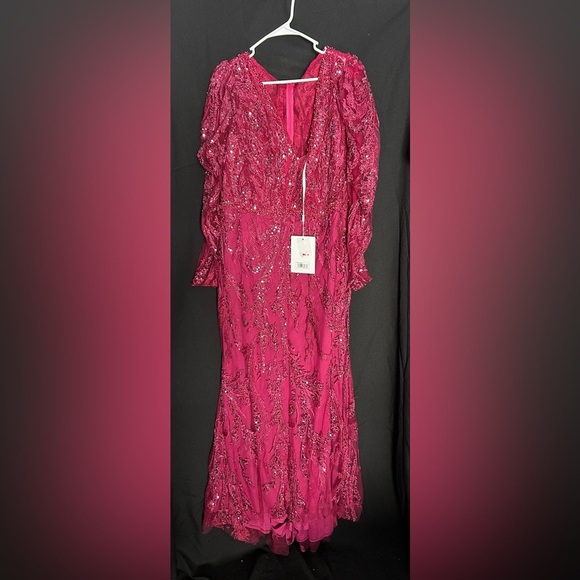 Mac Duggal 20349 NWT Red Embellished Puff Sleeve V Neck Gown - Picture 4 of 14